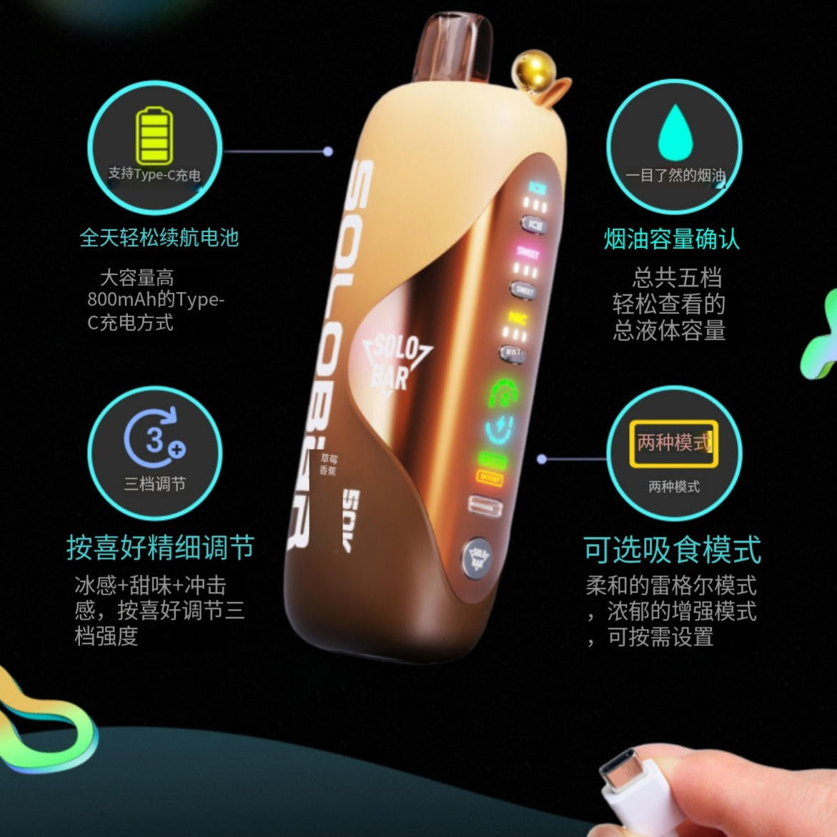 正品SOLOBAR 50000口索罗超大容量50K尼古丁/甜度/冰度可调节双输出模式一次性电子烟-多口味可选