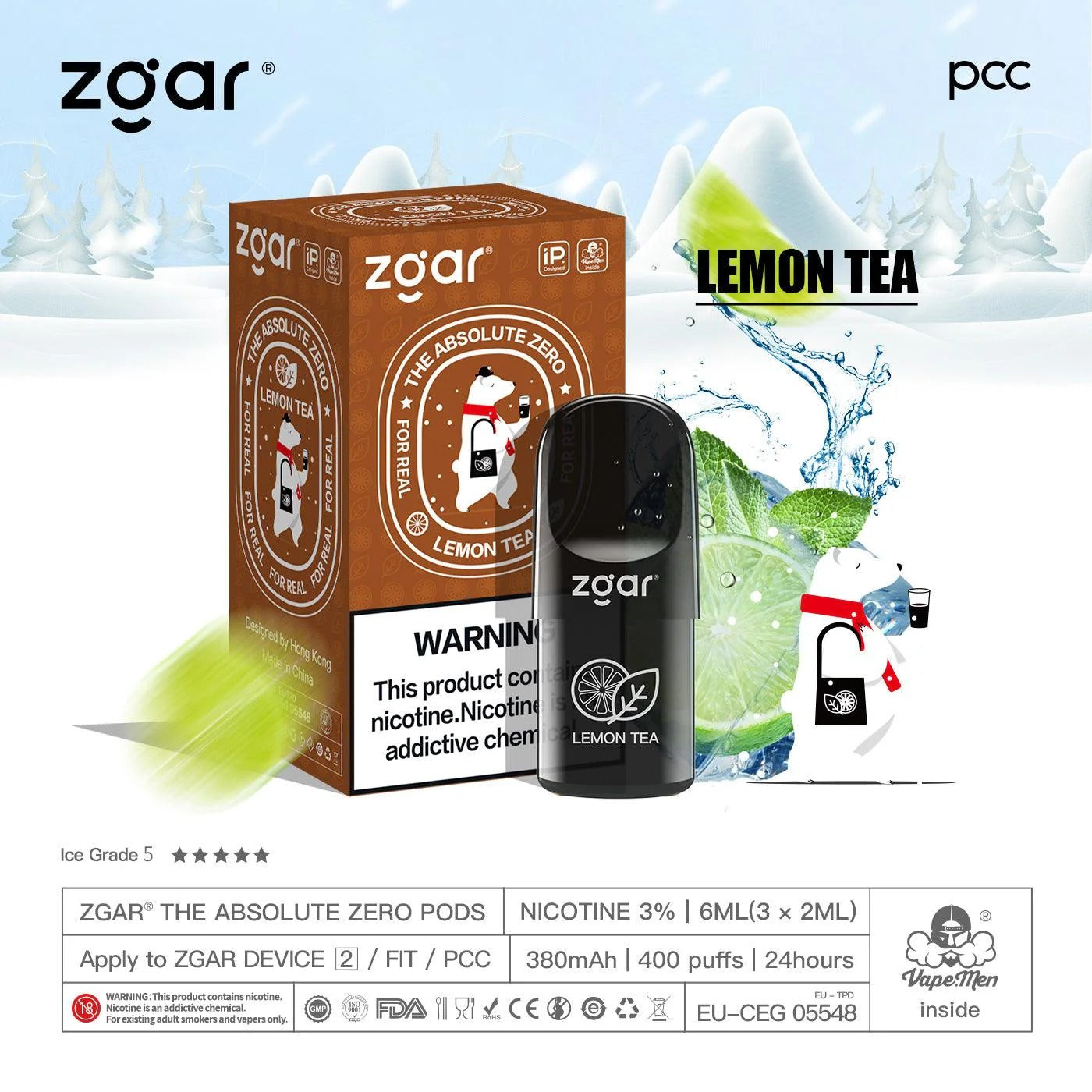 美版冰熊ZGAR Pod 4/5代冻柠茶(Lemon Tea)三颗装烟弹-悦刻RELX海外四五六代/国标烟杆可通用