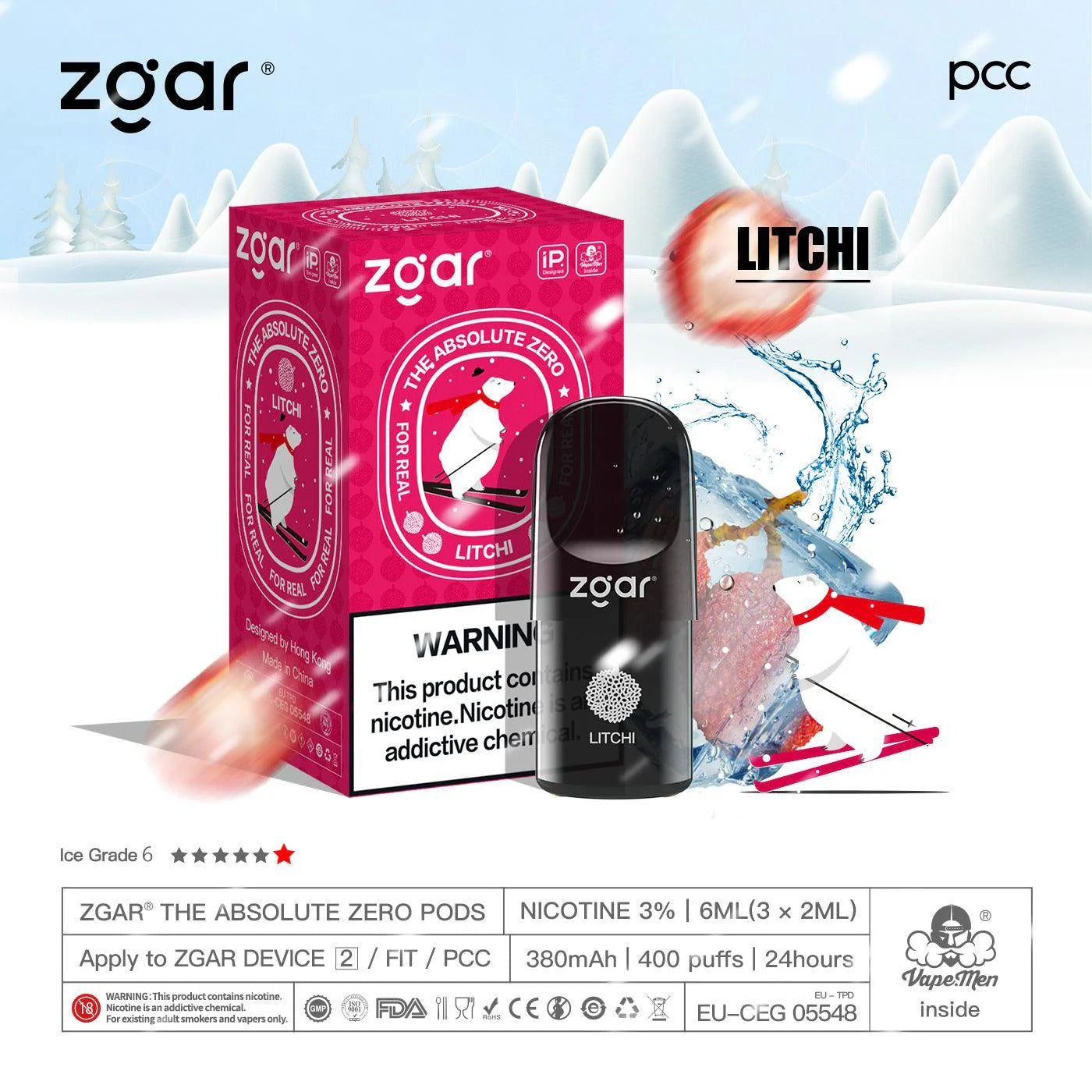 美版冰熊ZGAR Pod 4/5代荔枝(Iced Lychee)三颗装烟弹-悦刻RELX海外四五六代/国标烟杆可通用 – 悦淘蒸汽