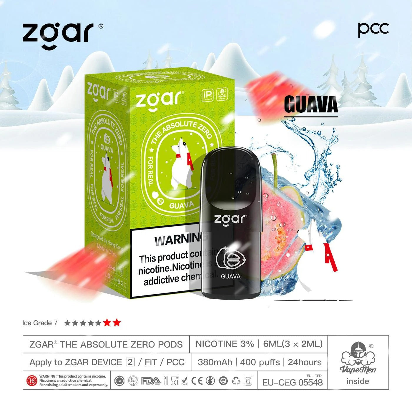 美版冰熊ZGAR Pod 4/5代番石榴(Guava)三颗装烟弹-悦刻RELX海外四五六代/国标烟杆可通用